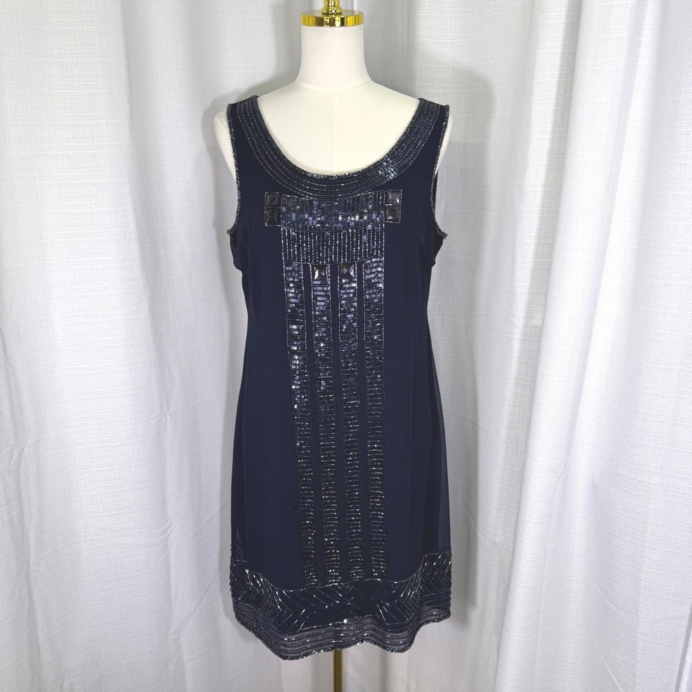 Adrianna Papell Evening Dress Sz 12 Blue Beaded Sequin Shift Deco Embellished
